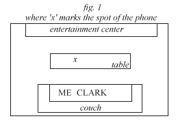 Fig. 1: Overhead diagram of a room, an x marks the spot where the phone is on the coffee table. The coffee table is between the entertainment center and the couch. On the couch are the words 'Me' and 'Clark' without much of a gap between them. The phone is aligned with the center of that gap.